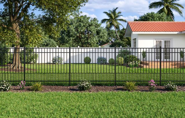 Black flat-top aluminum fence with puppy picket